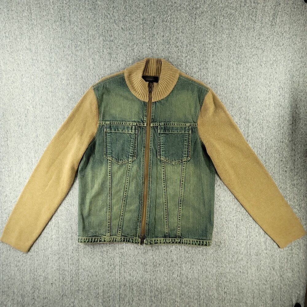 Vtg Express Denim Knit Jacket M Lambswool Back Sleeves Cotton Jean Front Zip
